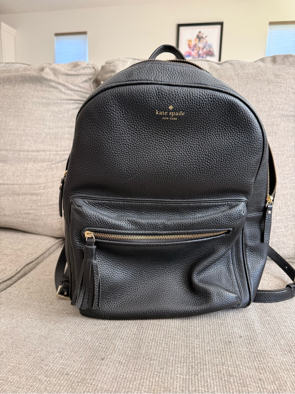 Kate Spade Black Pebbled Leather Mini Backpack with Tassel Pocket